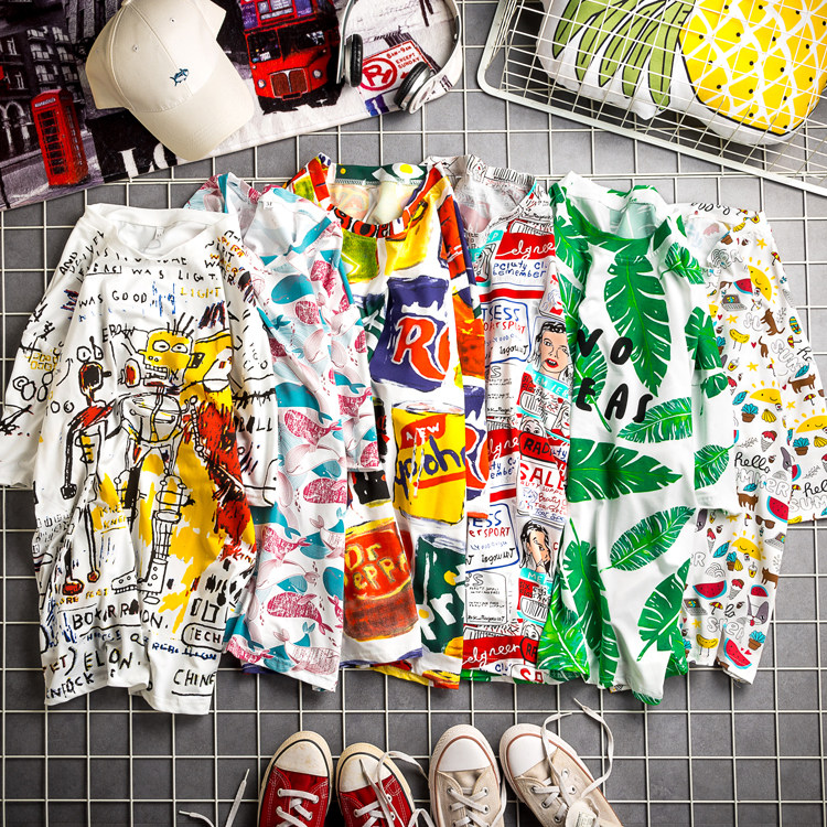 Summer new short-sleeved T-shirt men's hip-hop Hong Kong style graffiti printing half-sleeve T-shirt Korean version loose trendy students