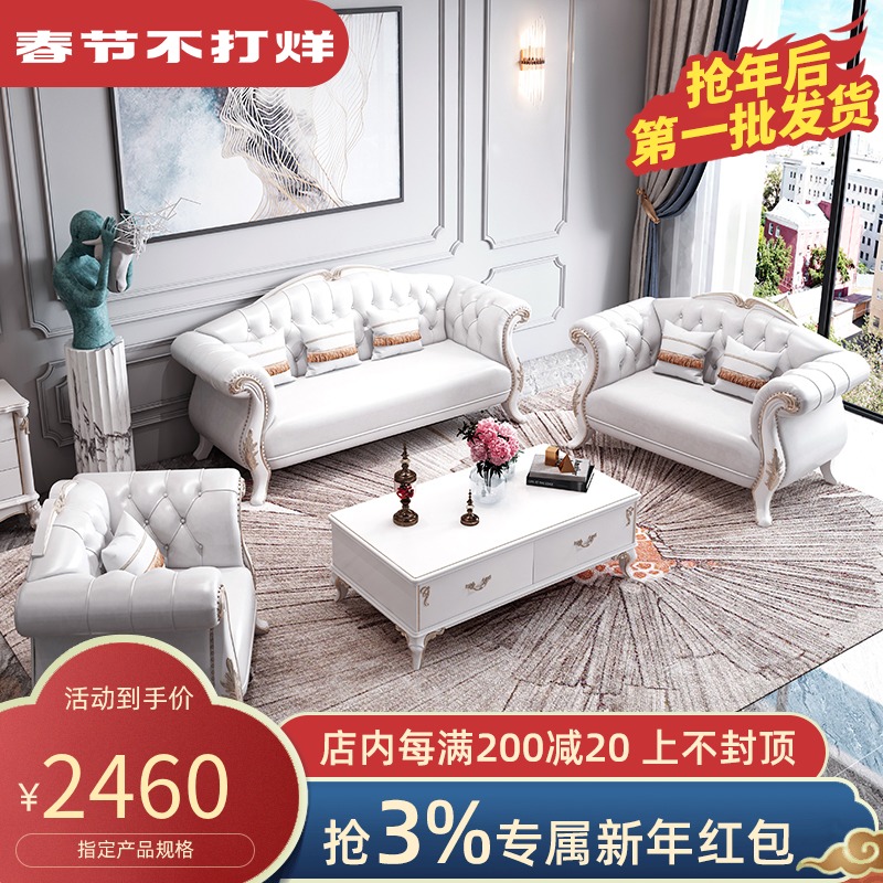 European leather sofa white carved small family leather sofa light luxury simple living room solid wood sofa combination