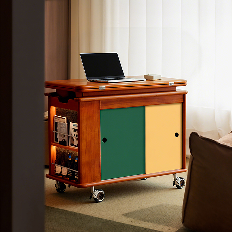 Wooden Vintage Trolley Storage Rack, Adjustable Small Table, Small Coffee Table, Sofa Side Cabinet, Mobile Folding Side Table, Solid Wood