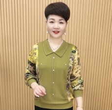 Одежда для дам 妈妈秋装洋气烫钻长袖t恤女2025年新款中老年秋季薄款翻领打底衫