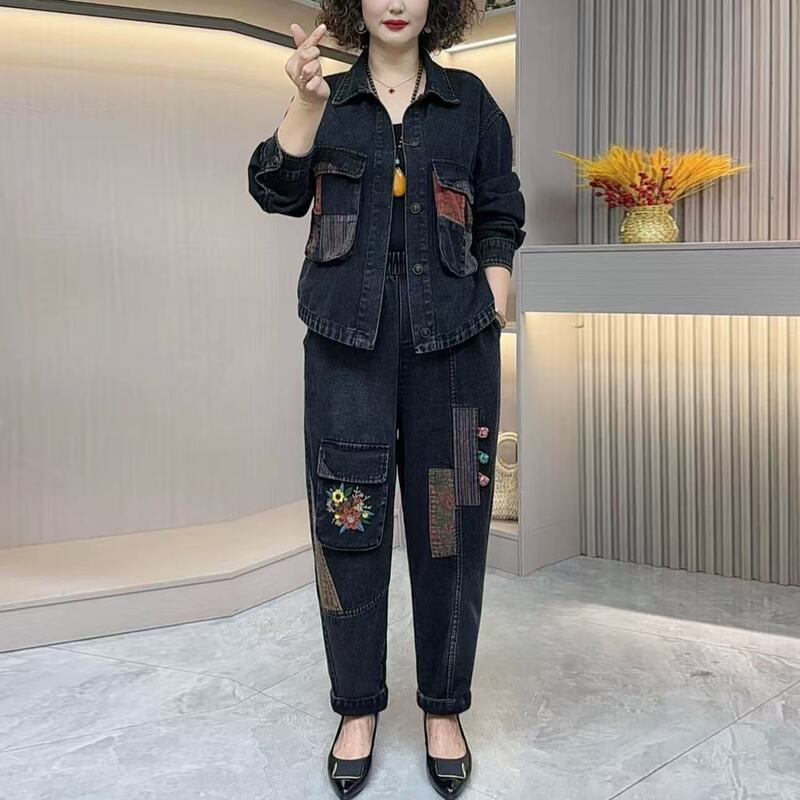 Young Mother's Clothing, Chinese Style Washed Denim Suit, New Autumn Style, Casual, Loose, Slimming, Lapel Two-Piece Set