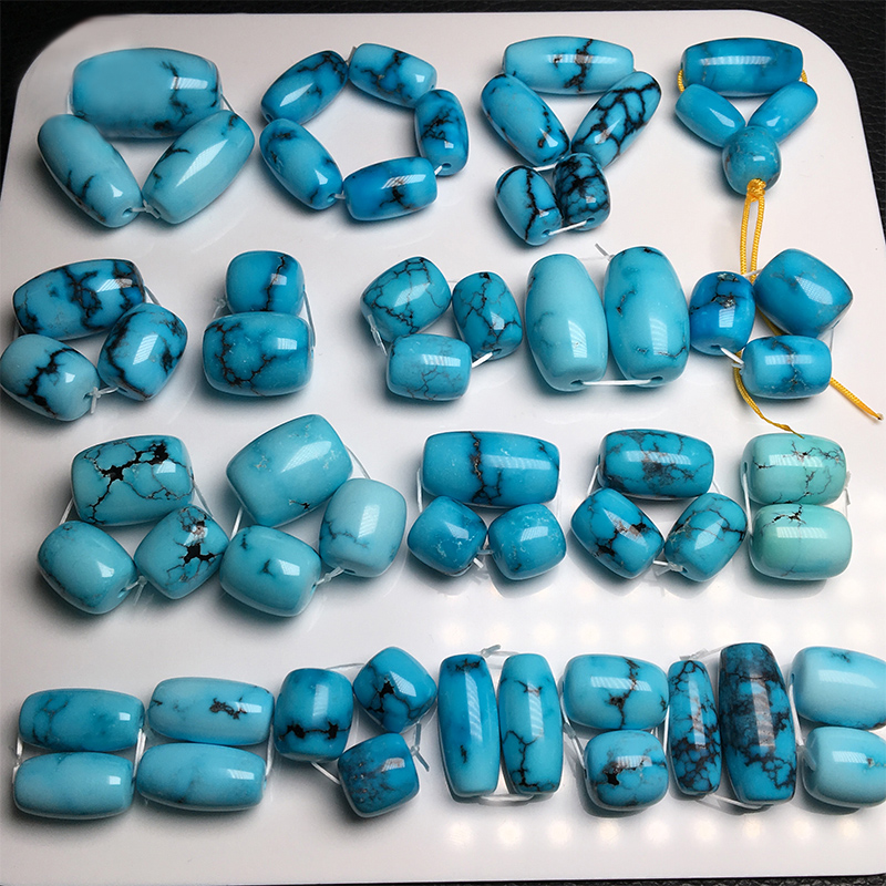 Qinchu raw ore turquoise loose beads single beads high porcelain blue barrel beads a pair of mesh flower set hand string 108 septum beads with beads