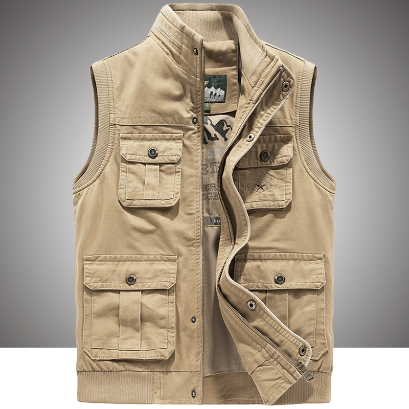 Spring and Autumn New Style Pure Cotton Workwear Fishing Casual Vest Men's Vest Large Size Vest Jacket Multi-Pocket Stand Collar