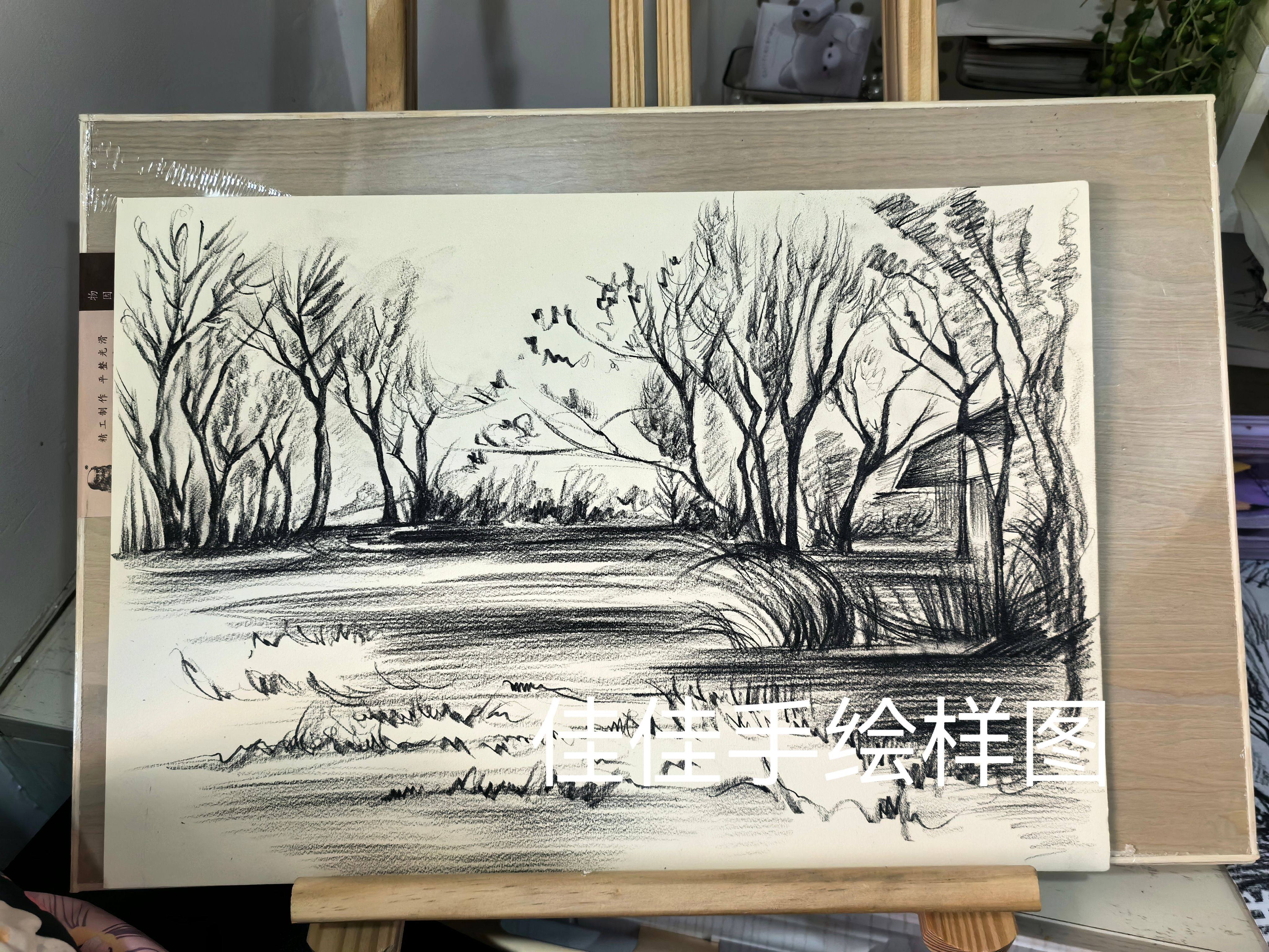 铅笔纯手绘素描风景画现货包邮8开素描山水风景手绘稿现货F003-淘宝