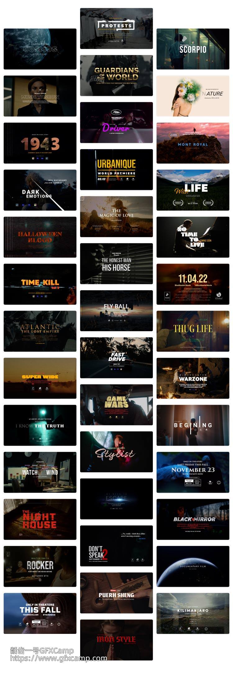 AE+PR+达芬奇模板预设 50组电影视频片头文字标题片名字幕动画