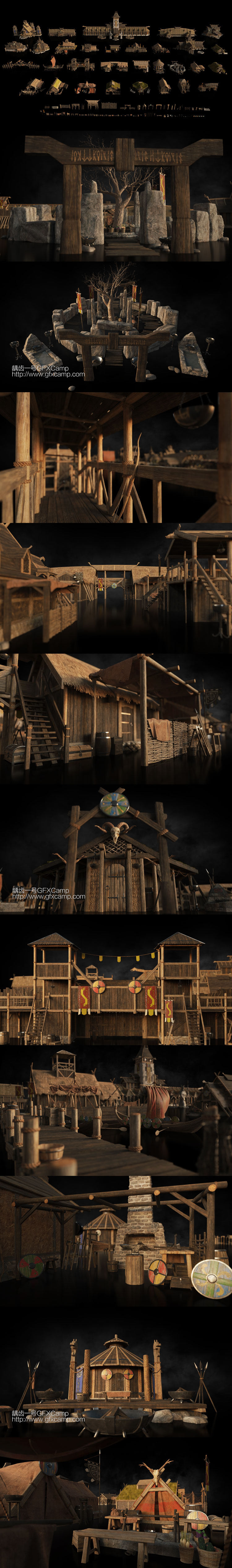 乡村寨子原始部落木屋3D模型 C4D/FBX/OBJ/MAX/Maya/Blender/Houdini/Unity/Unreal等