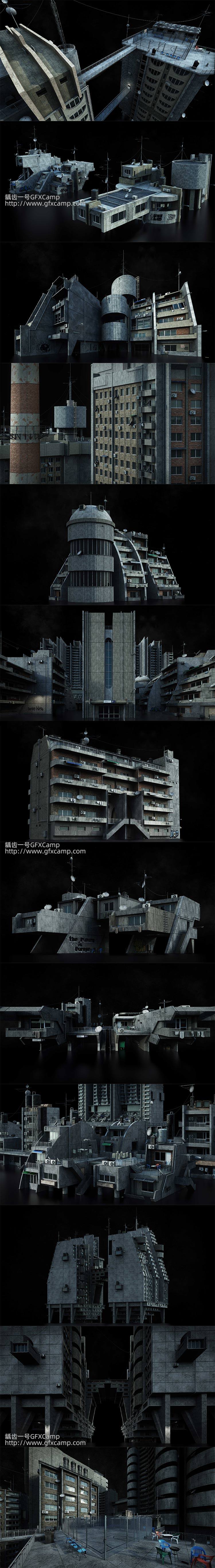 工业街道城市楼房建筑3D模型 C4D/MAX/FBX/OBJ/Maya/Blender/Houdini/Unity/Unreal等