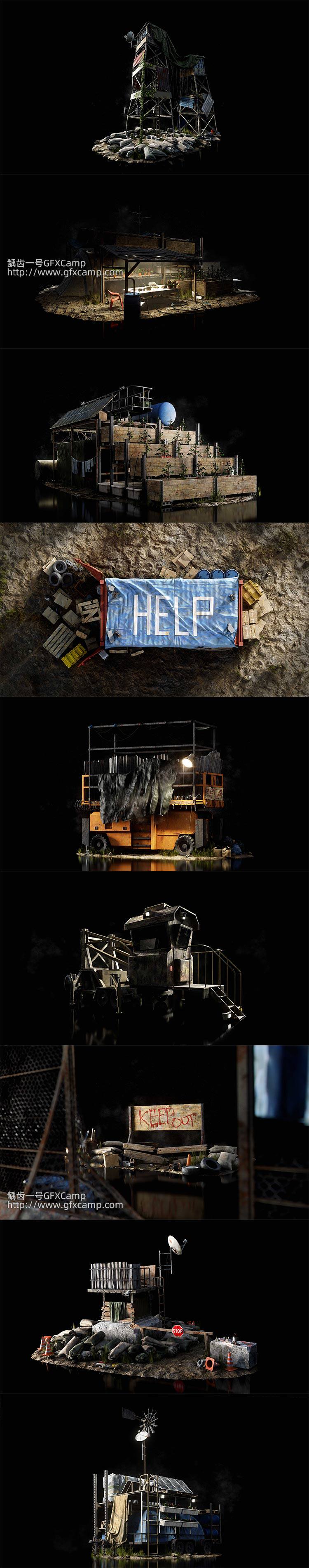 工地军事破旧废墟设施3D模型 C4D/MAX/FBX/OBJ/Maya/Blender/Houdini/Unity/Unreal等