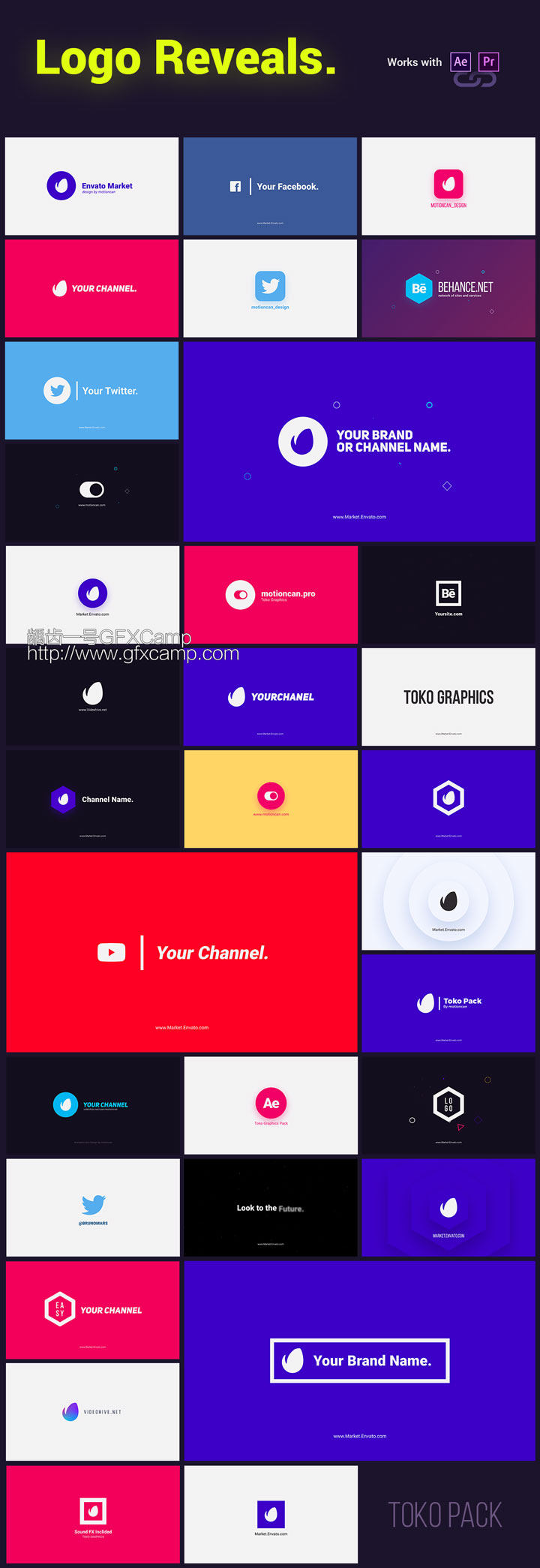 AE脚本+PR预设-1450+时尚排版商品介绍宣传包装文字标题字幕条Logo动画转场背景元素包 Graphics Pack TOKO V3(支持2019)