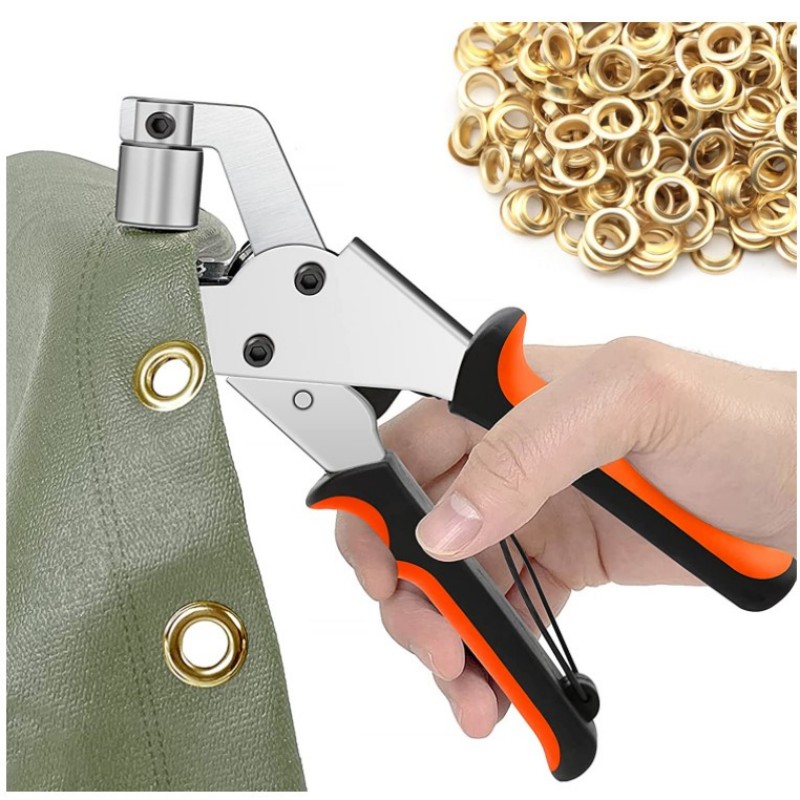 300セットの金色のエアアイレットと取り付け用ペンチのセット、箱入り広告用スプレー塗装布製バックル、ディスプレイスタンド、ボタンホールポスター写真