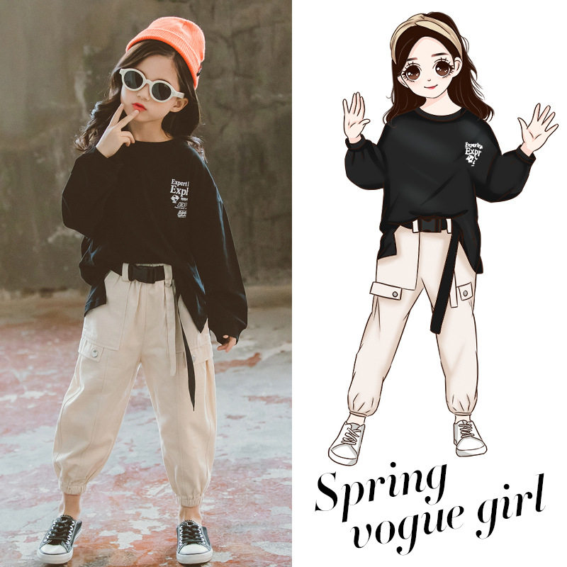 Girl's spring and autumn trendy suit 5 little girl 6 bulls clothes 7 necroptypants 8 casual Two-style 9-year-old 12
