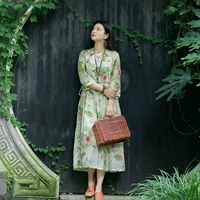Nian Jiangnan phong cách quốc gia phụ nữ kích thước lớn áo choàng rộng ramie in đầm dây rút váy retro mỏng - Váy dài đầm body dài xẻ tà