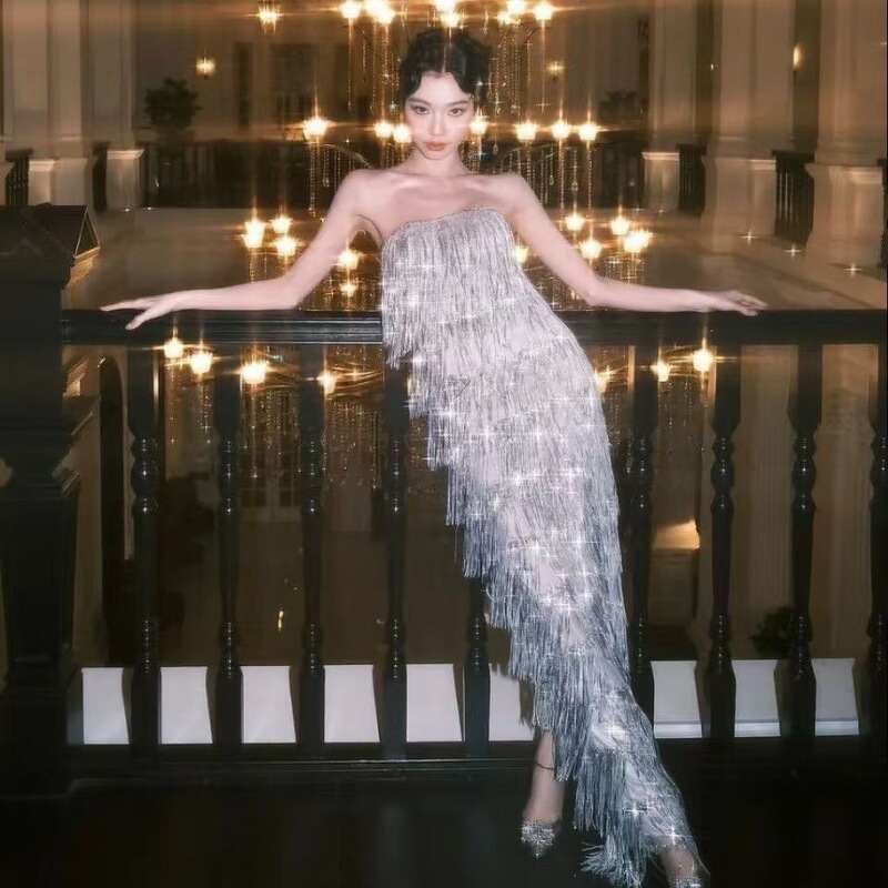 2026 Light Luxury Slim-Fitting Bodycon Dress with Heavy Silver Sequin Tassels, Fishbone Corset, Long Dress with a High-End Feel 2026 Light Luxury Slim-Fitting Bodycon Dress with Heavy Silver Sequin Tassels, Fishbone Corset, Long Dress with a High-End Feel