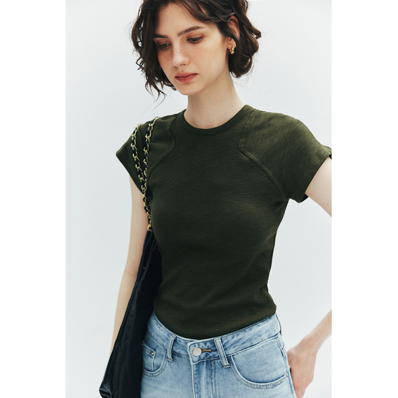 【Eco-Silk Fiber】Ergonomically Designed Round Neck, Shoulder-Cut Short-Sleeve Ribbed Knit T-Shirt for Women