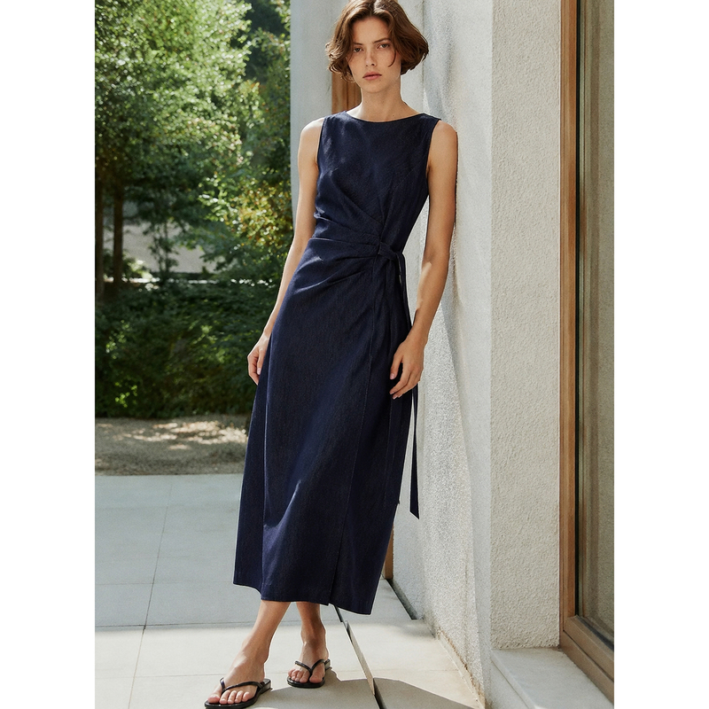 【Innovative】Lyocell Cotton Blend Denim Dress with Asymmetrical Cut, Tie Waist, and Tank Top Style