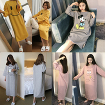 Korean version of long-sleeved pajamas womens spring and Autumn super long dress knee-length cotton night dress student loose pajamas