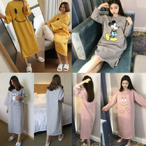  Korean version of long-sleeved pajamas womens spring and autumn ultra-long dress over the knee long cotton night dress student loose pajamas