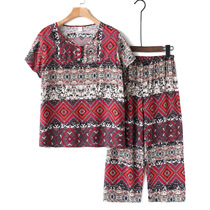 Elderly grandmother cotton linen short sleeve suit loose casual mother dress elderly pajamas old home clothes female summer