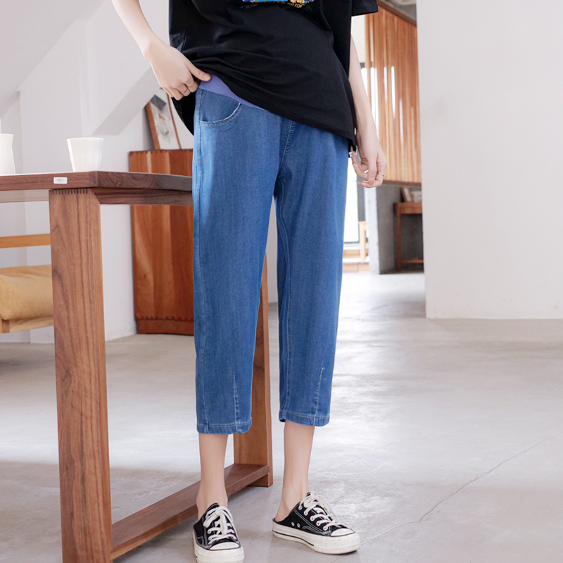 Pregnant Woman Sky Silk Jeans 80% Summer Thin Outside Wearing Old Daddy Pants Little Guy 70% Casual Turnip Kharen Pants-Taobao