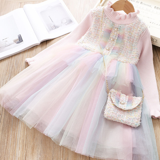 Girls dress thickened winter clothes new children's foreign style plus velvet princess skirt baby small fragrant wind sweater gauze skirt