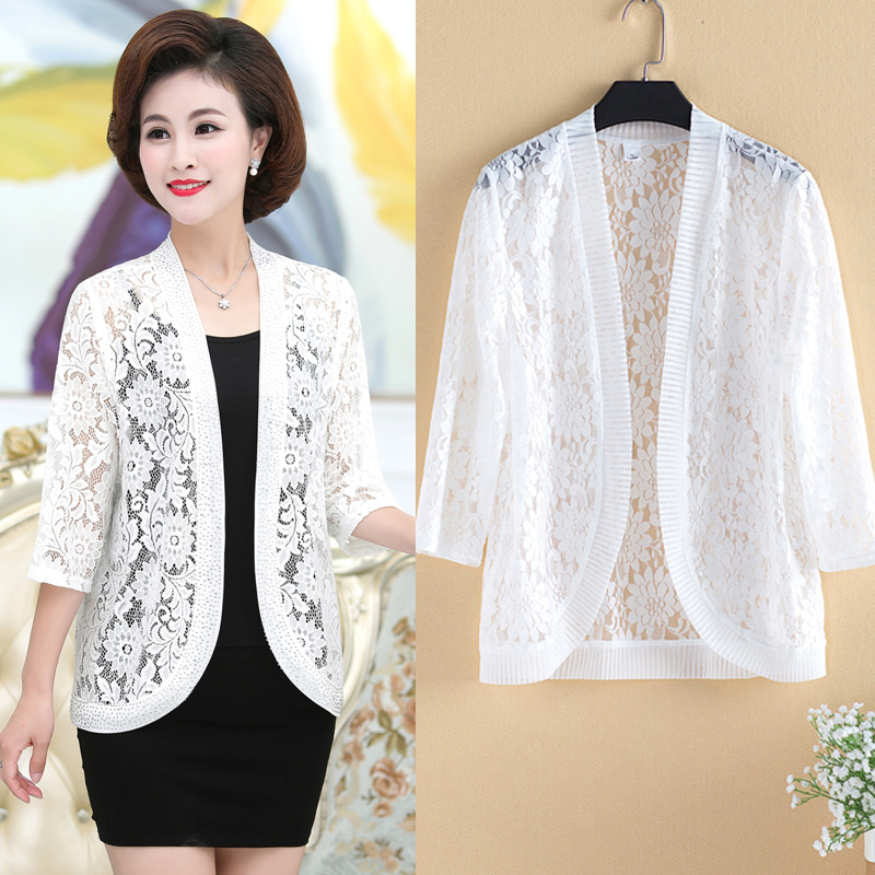2026 Spring/Summer Korean Style Sun Protection Clothing Crochet Hollow Lace Cardigan Knitted Shawl for Women Versatile Middle-Aged Mom Outfit