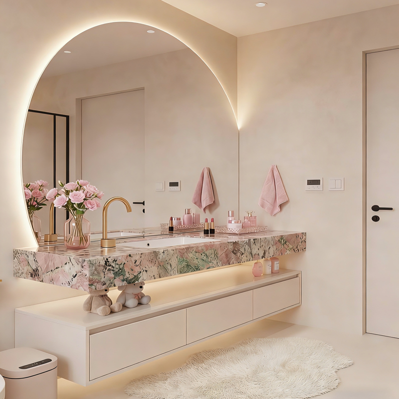 Hotel-Style Four-Season Pink Slate Ceramic Integrated Basin Bathroom Cabinet Combination, Light Luxury Modern Double Basin Washstand