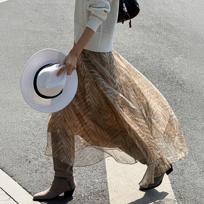 Old Money Style Khaki Chiffon Skirt for Women, Summer Thin Large Size Long Skirt, Suitable for Pear-Shaped Body, Berkeley Skirt