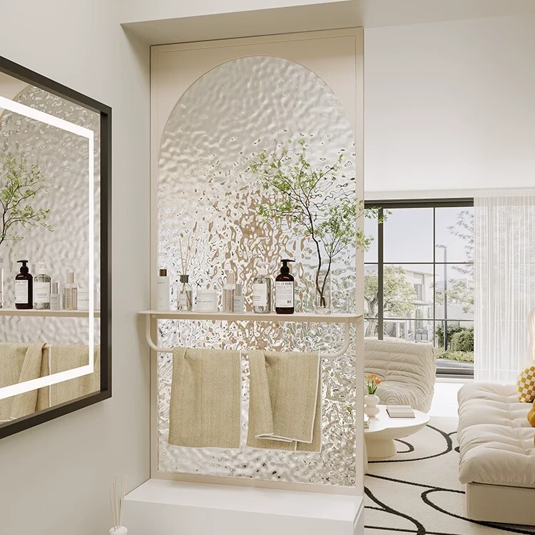 Cream-Style Bathroom Half-Wall Water Ripple Glass Partition Light Luxury Screen Dry and Wet Area Washbasin Towel Rack
