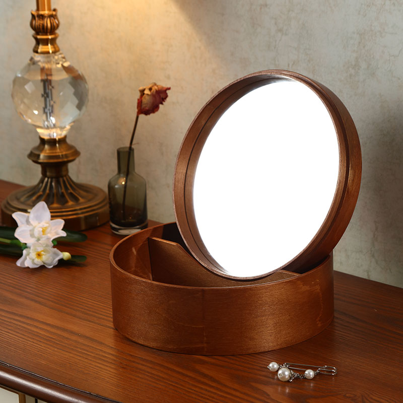 Walnuts Wood Ornament First Accessories Box Round Large Capacity Wooden Home Jewelry Cartridges Cosmetic Mirror Containing box