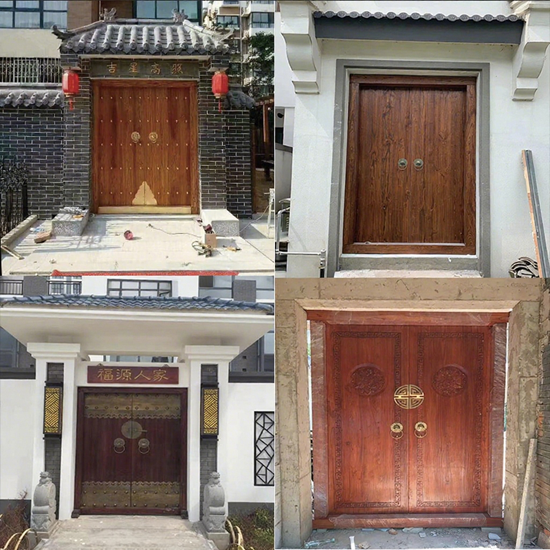 Chinese-Style Solid Wood Antique-Style Double-Door Gate for Courtyard Villa, Old Wooden Gate for Rural Walls, Elm Wood Gate for Ancestral Hall and Temple