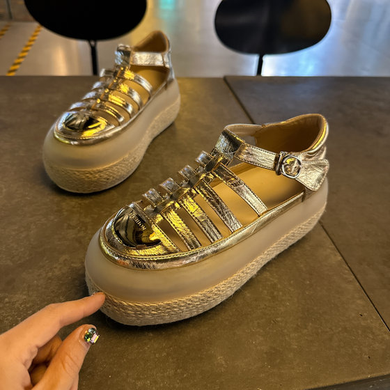 欧货亚麻果冻编织凉鞋女2024新款厚底猪龙鞋一字带增高罗马沙滩鞋