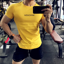 Sports t-shirt mens short-sleeved slim European and American T-shirt Muscle fitness trend running elastic cotton breathable top