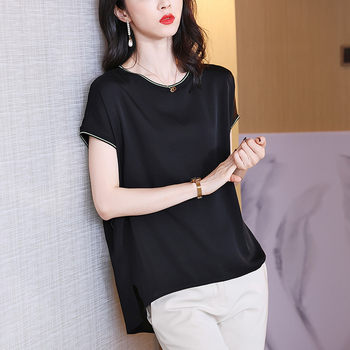 Hangzhou silk short-sleeved T-shirt women's summer thin shirt loose mulberry silk black large size Western-style top