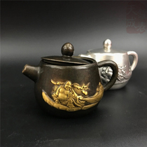Pure copper point gold plated silver silver cloth bag Buddha small teapot wine pot Gongfu tea furniture table swing piece retro text to play collection