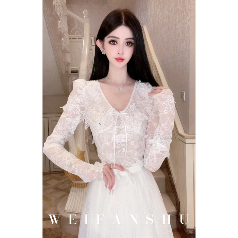 Fanshu Light Luxury Lace Shimmer 2026 Autumn/Winter New French Romantic Three-Dimensional Embroidered Butterfly Lace Top Fanshu Light Luxury Lace Shimmer 2026 Autumn/Winter New French Romantic Three-Dimensional Embroidered Butterfly Lace Top