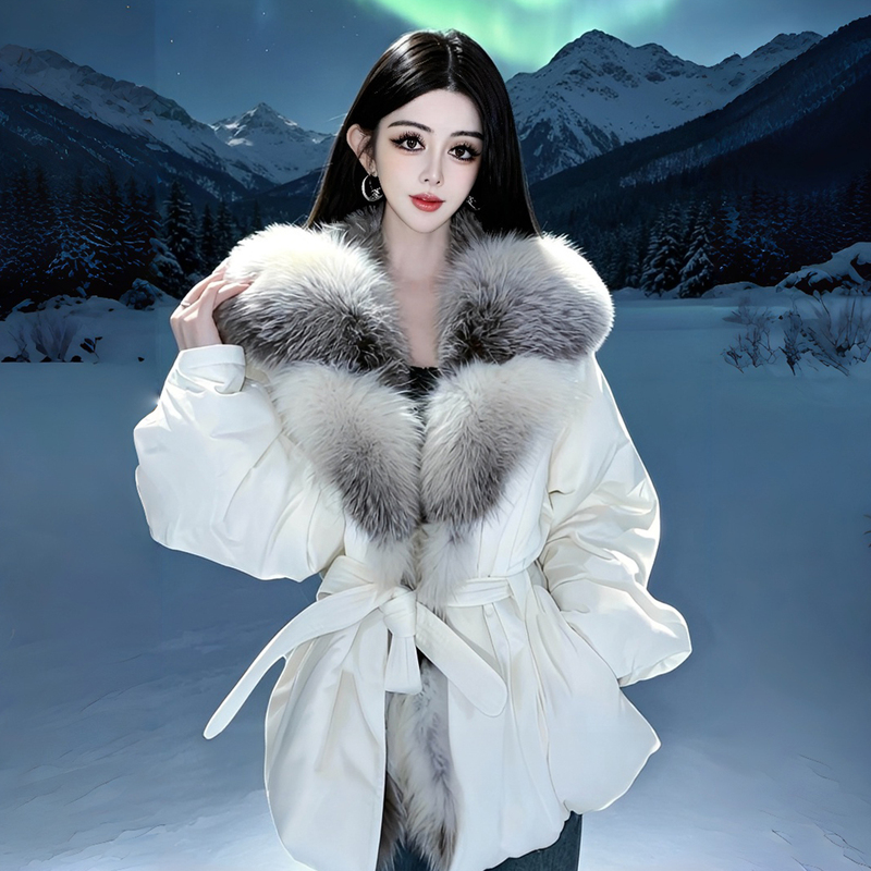 Wei Fanshu【Polar Queen】95% White Goose down Luxurious Golden Island Fox Large Fur Collar Waist-Cinching down Jacket Warm Coat