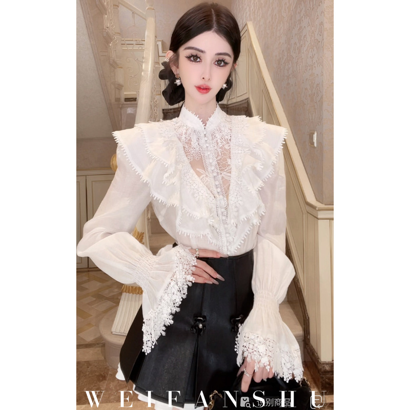 Wei Fanshu【Tea Break Love】White French-Style Shirt for Women, Autumn Lace Patchwork Ruffle Collar Bell Sleeve Top Wei Fanshu【Tea Break Love】White French-Style Shirt for Women, Autumn Lace Patchwork Ruffle Collar Bell Sleeve Top