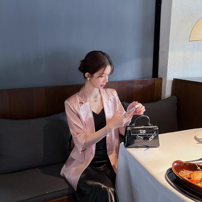 Celison Kloe Pink Women's Mid-Length Thin Casual Suit Acetate Five-Quarter Sleeve Silk Loose-Fitting Blazer