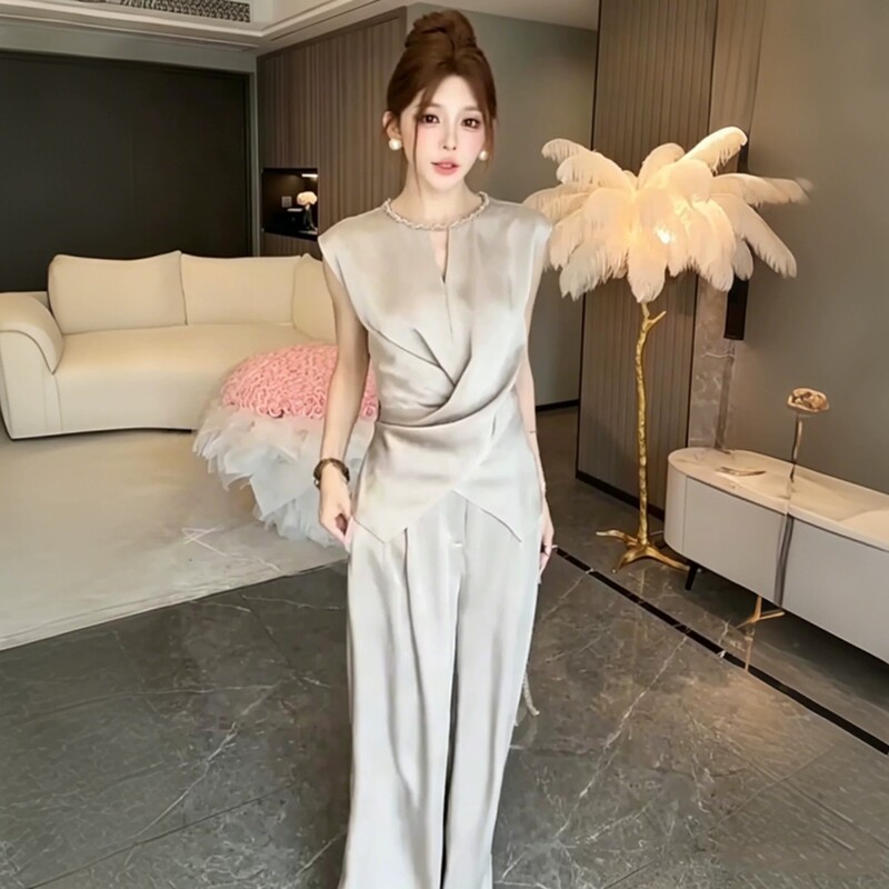 Celison Kloe Summer Silk Asymmetrical Waist-Slimming Top and Wide-Leg Pants Two-Piece Set Mulberry Silk Suit