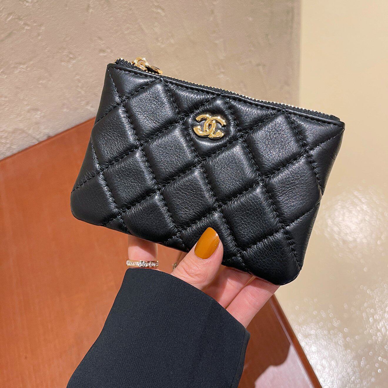 Small fragrance style Lingge cosmetic bag soft leather handbag caviar card bag lipstick bag zipper coin purse key case female