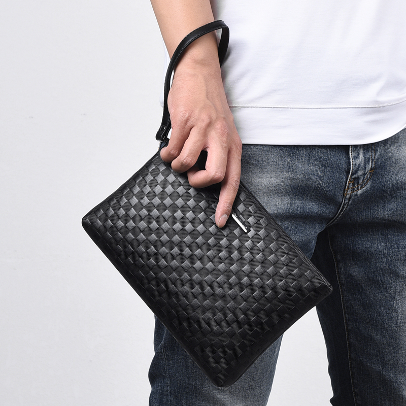 Hong Kong duty-free surges for boys Handbags large capacity Plaid business Handheld envelope Bull Leather Hand Grip Bag