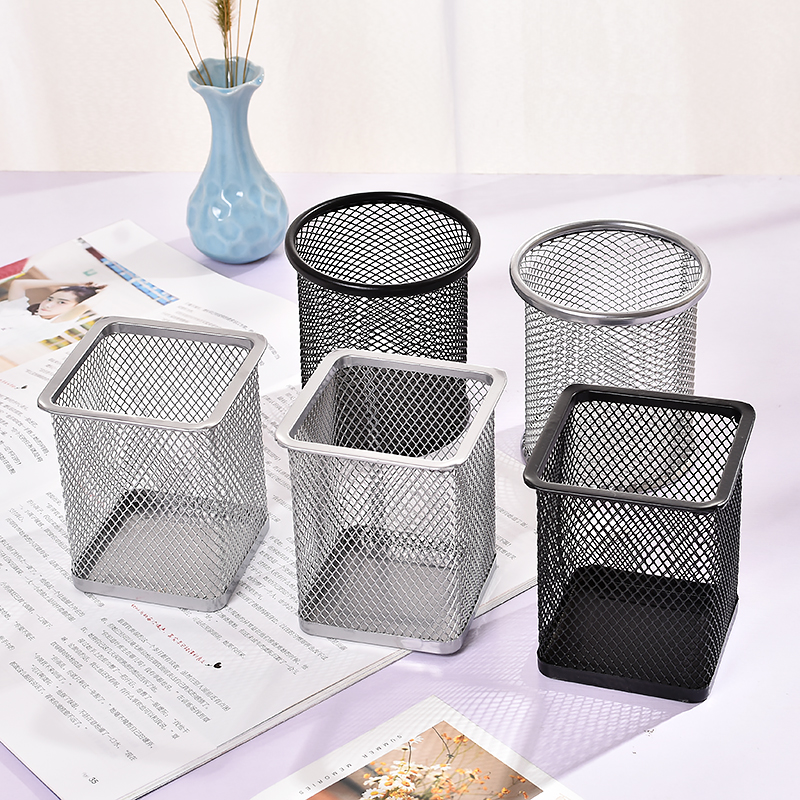 Korean stationery office round square iron pen holder mesh anti-rust pen holder storage box desktop storage box