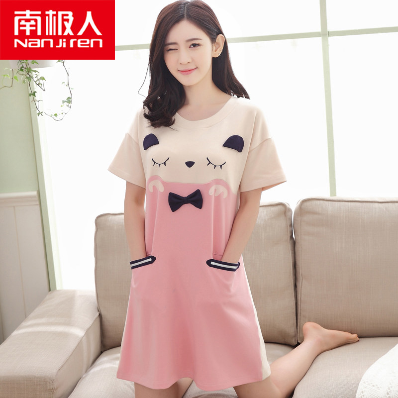 South Pole Sleeping Dress Woman Summer Pure Cotton Short Sleeve Foreign Dress Korean Version Fresh Students Cute Summer Easy Home