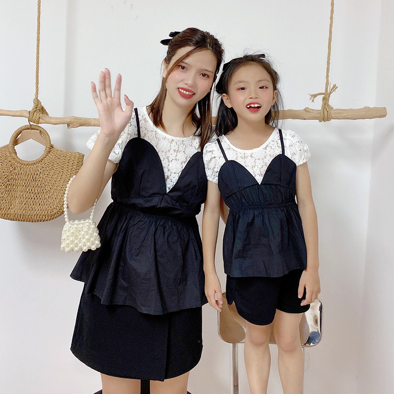 2022 summer new parent-child wear round neck lace puff sleeves stitching fake two-piece suspenders fashion stitching short