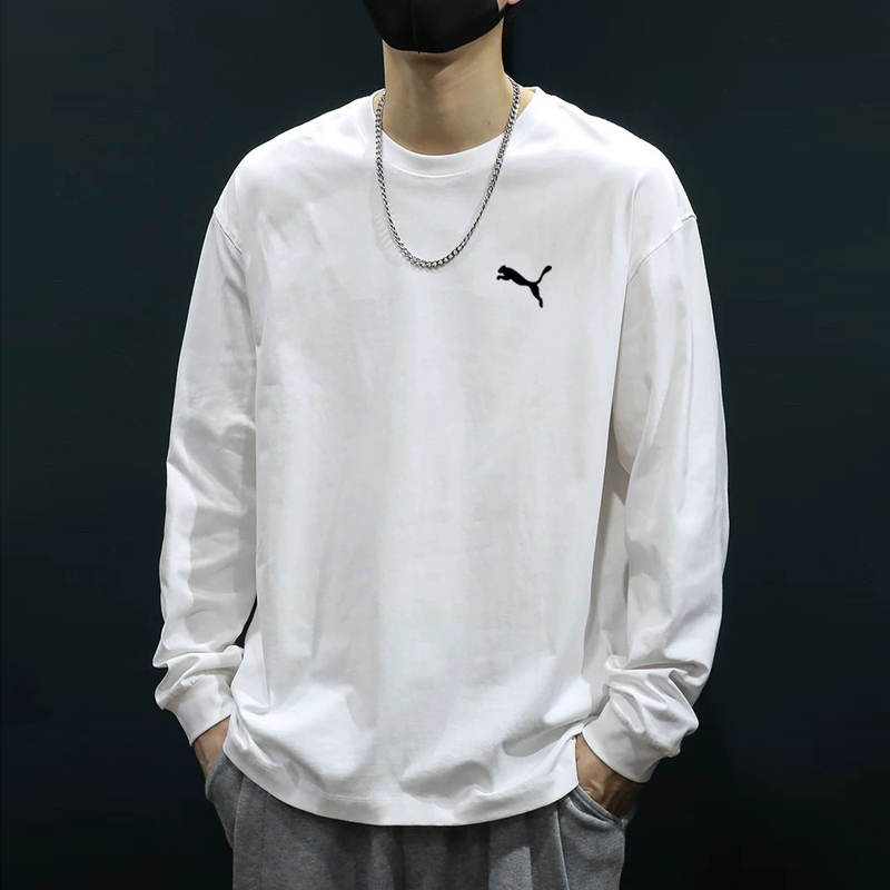 Trendy Brand Pure Cotton 260g Heavyweight Long-Sleeve T-Shirt for Men, Spring and Autumn Base Layer Top, Men's Round-Neck Sweatshirt