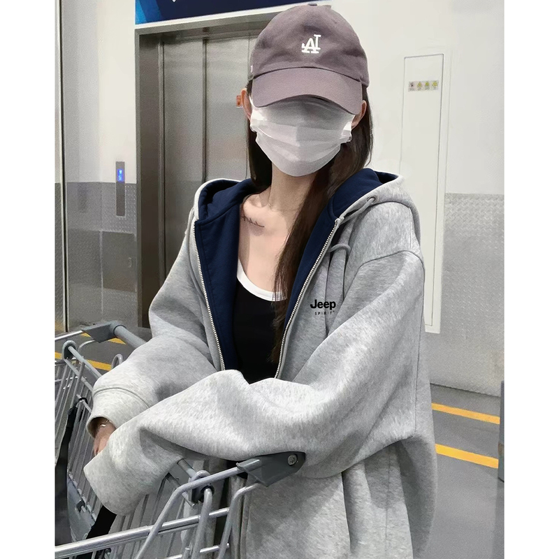 Jeep Gray Jacket for Women 2026 New Autumn Style Petite Lazy Loose Niche Early Autumn Cardigan Hooded Sweatshirt