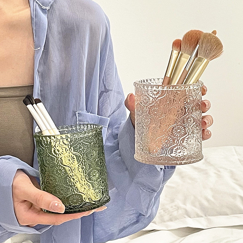 Retro ins style makeup brush barrel eyebrow pencil holder embossed glass pen holder niche decoration simple decoration desktop storage