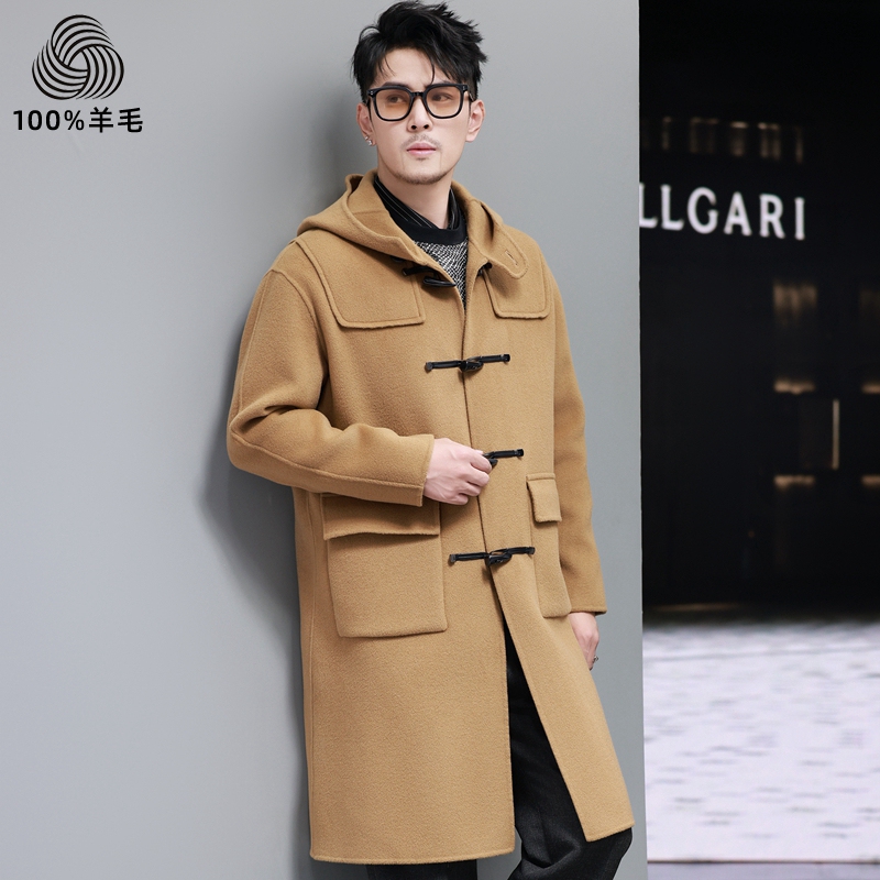 College Style Woolen Coat Double-Sided Wool Coat Men's Mid-Length Toggle Button Hooded Autumn and Winter Zero Cashmere Trench Coat
