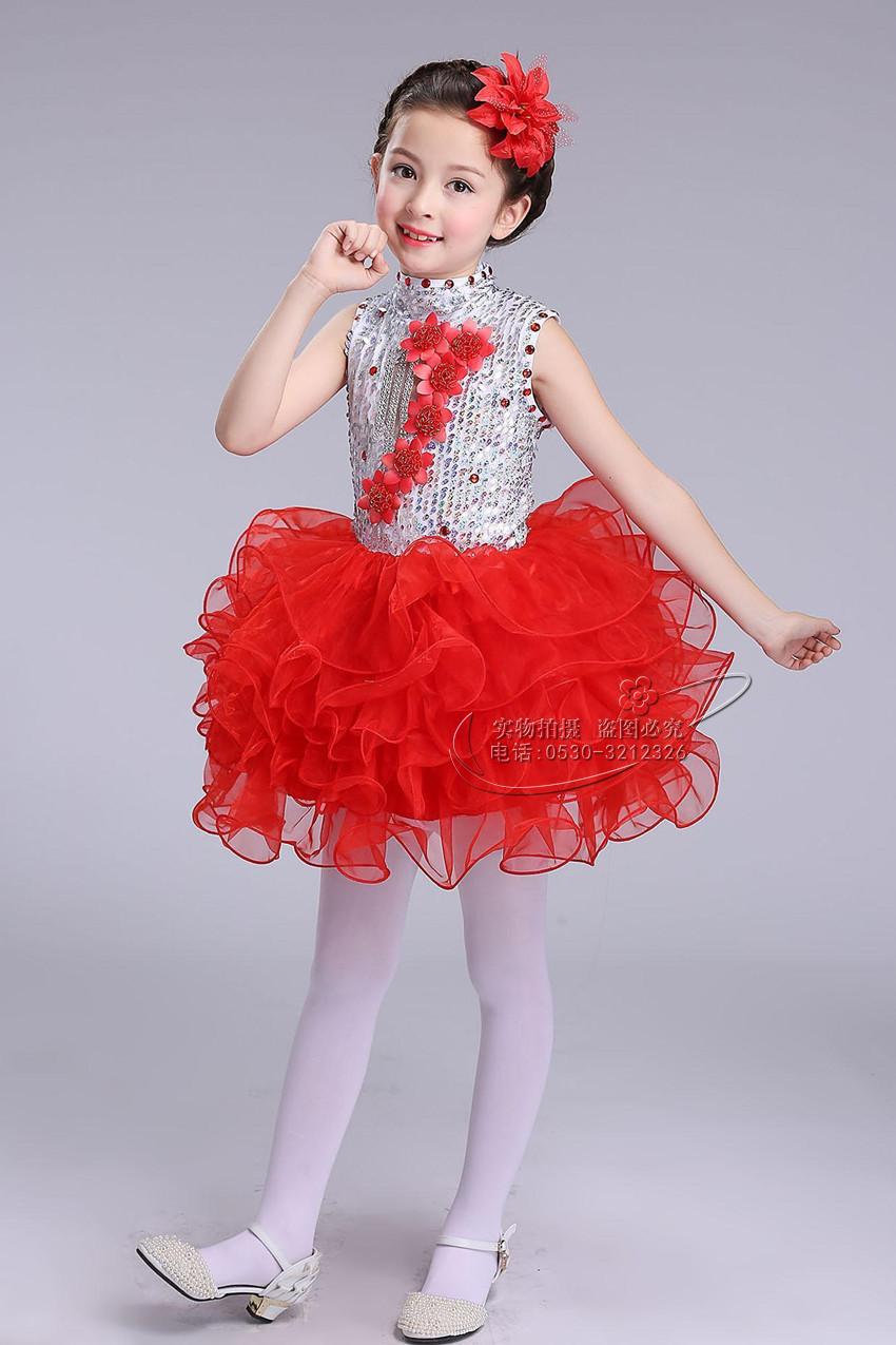 Trẻ em công chúa ăn mặc trường tiểu học hợp xướng phù hợp với trang phục sequin cô gái váy đỏ fluffy phong cách Trung Quốc quần áo cho bé gái