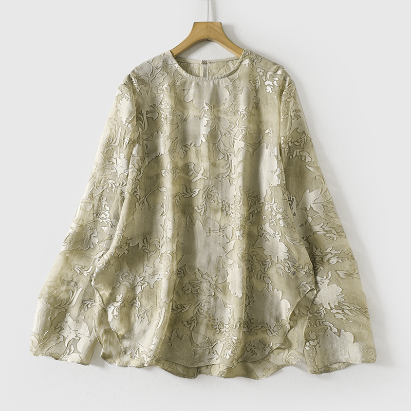 S33109 Tairan~Back Hollow-Out Slit~Lightweight Sheer Cut-Out Tulle Round-Neck Long-Sleeve Shirt for Women